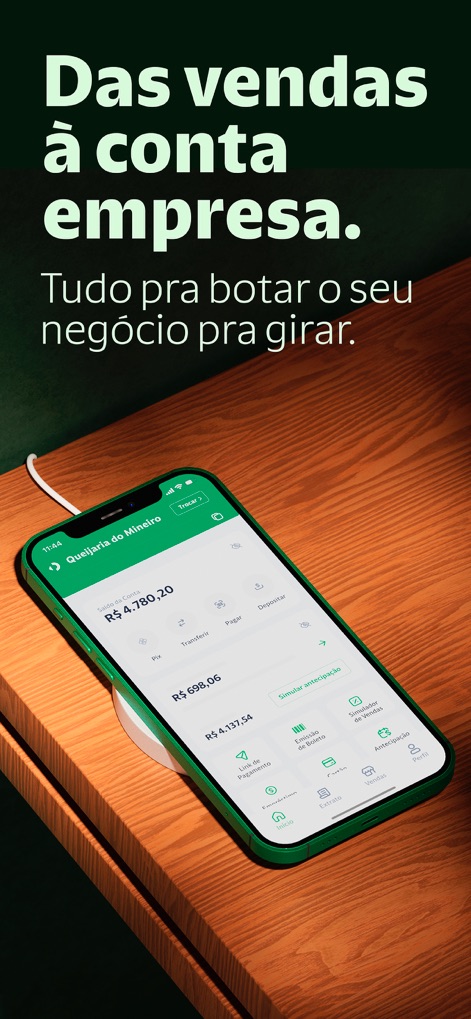 Stone: Maquininha e Conta PJ - The app's intuitive dashboard clearly displays the current balance (R$ 4.780,20) and provides quick access to essential financial operations such as Pix and sales anticipation.