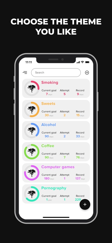 Bad Habit Break - This screenshot demonstrates the app's flexible theme options, showcasing the clean habit list with distinct current goals and record metrics in a light mode.