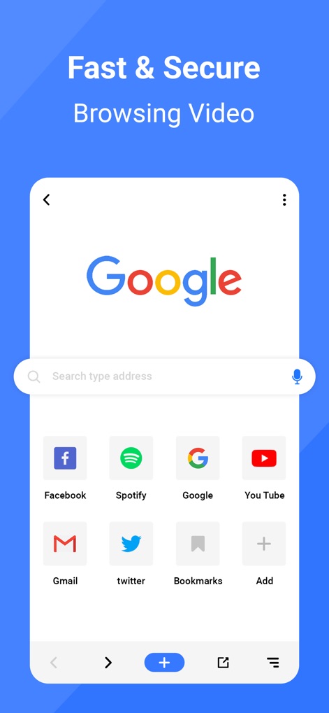 Files - Media File Manager - Discover the app's integrated browser, featuring convenient speed dial shortcuts to sites like 'Google' and 'YouTube' for fast and secure access.