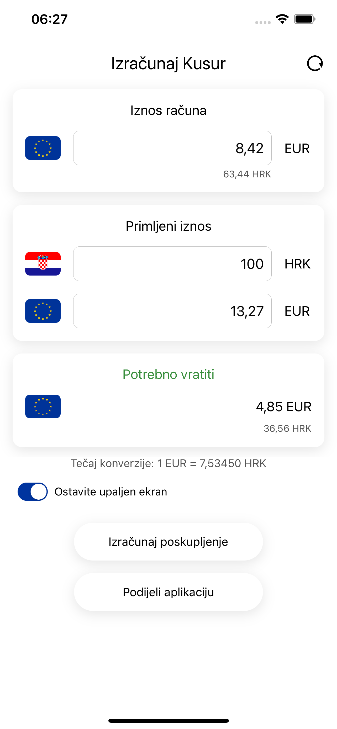 Izracunaj Kusur - EUR u HRK
