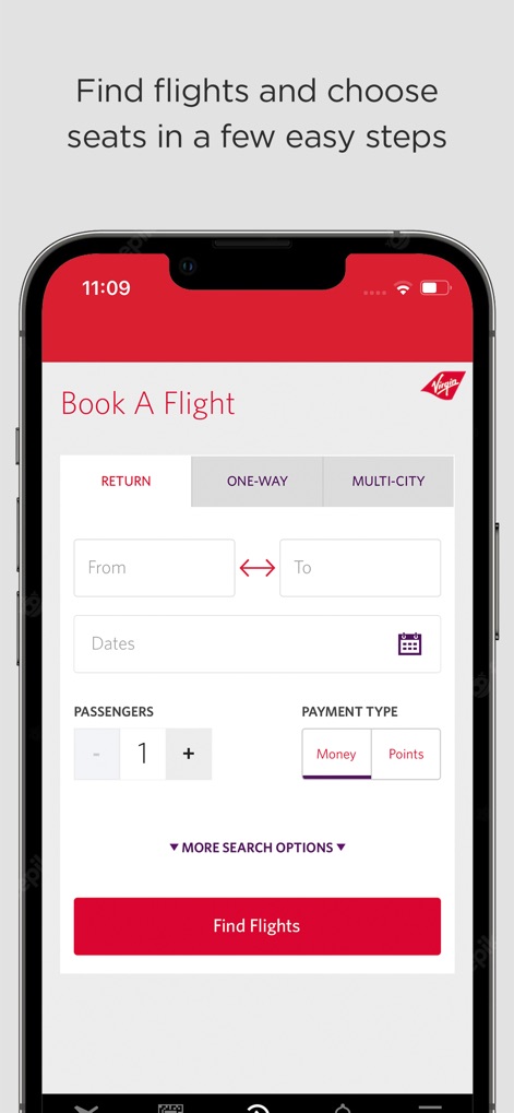 Virgin-Atlantic - The app provides an intuitive flight booking interface, allowing users to easily select between 'Return', 'One-way', or 'Multi-city' trips and choose payment via 'Money' or 'Points'.
