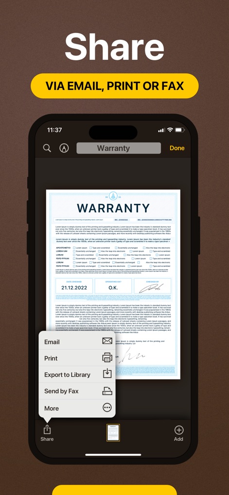 My Scans, best PDF Scanner App - Die App bietet umfassende Freigabemöglichkeiten für Dokumente, dargestellt durch das intuitive Share-Menü und die Auswahl zwischen E-Mail, Drucken oder Faxen.