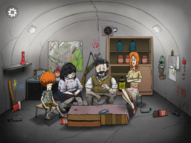 image from 60 seconds reatomized video game of family of 4 in a bunker in bad shape