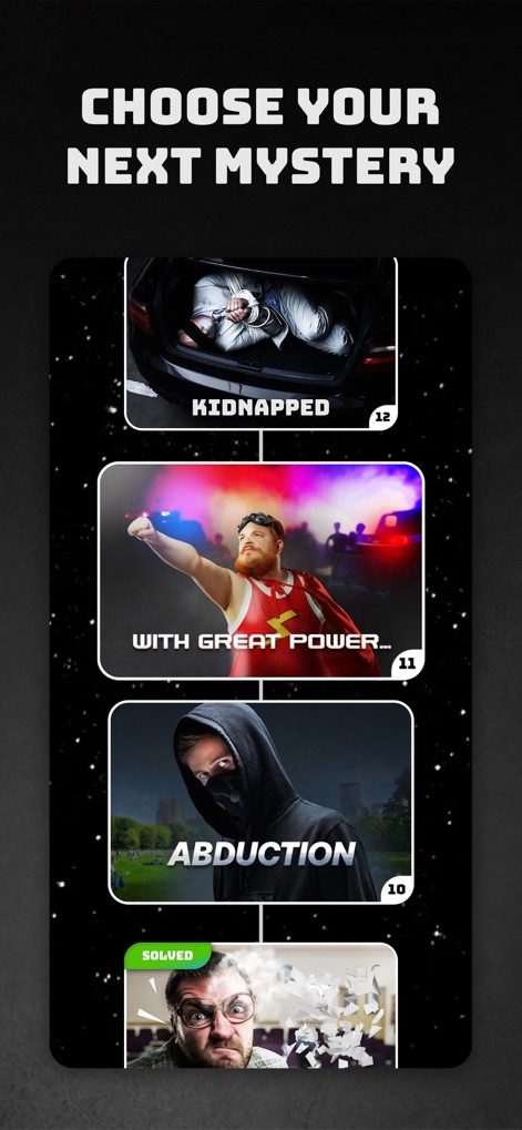 Peek a Phone - The app showcases a diverse selection of cases, presenting users with compelling mystery scenarios like "Kidnapped" and "Abduction" to choose their next challenge.