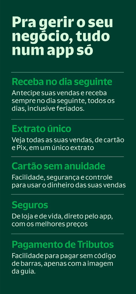 Stone: Maquininha e Conta PJ - The app centralizes business finances, featuring next-day sales receipts and a unified statement for all transactions.