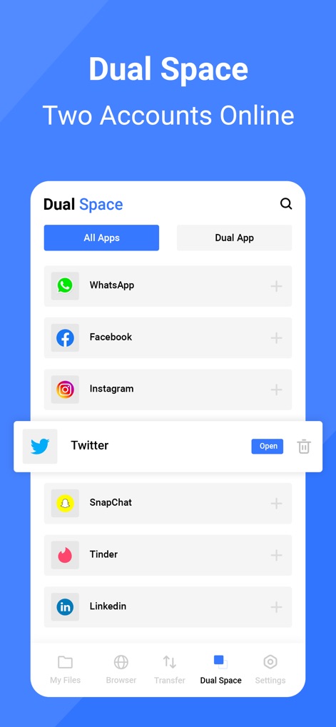 Files - Media File Manager - This tool introduces 'Dual Space' functionality, enabling users to run multiple accounts for popular apps like 'WhatsApp' and 'Twitter' simultaneously.