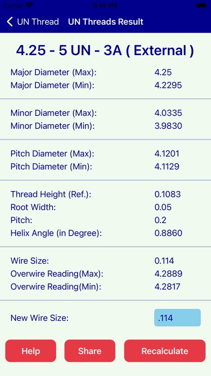 UN Metric Threads Calculator