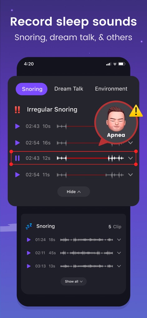 Mintal Tracker:Sleep Recorder - La herramienta visualiza la detección de ronquidos con una advertencia de apnea en el avatar y organiza un listado claro de clips de audio de ronquidos, facilitando la identificación de patrones.