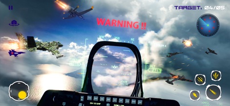 Ace Combat - Fighter Jet Games - 조종석 시점에서 게임 플레이를 묘사하는 이 스크린샷은 실시간 비행 데이터를 제공하는 HUD와 긴급 경고 메시지를 통해 긴장감 넘치는 전투 상황을 전달합니다.