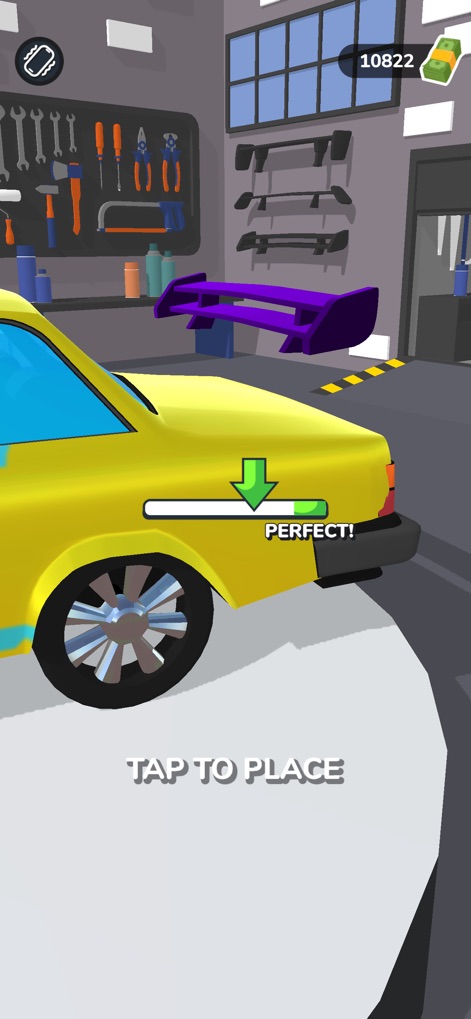 Car Master 3D - Car Master 3D guides users through part installation with an interactive "TAP TO PLACE" prompt and provides immediate visual feedback like the "PERFECT!" animation for successful placements.