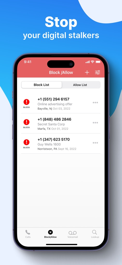 TrapCall: Reveal No Caller ID - Explore the app's robust call management by viewing the "Block List" populated with various nuisance numbers, easily accessible via the "Block/Allow" navigation tab.