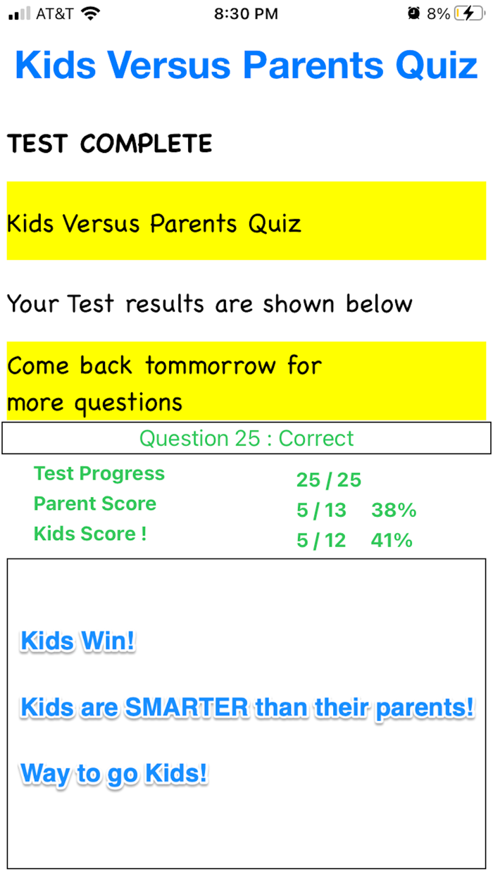 Kids Versus Parents Quiz App
