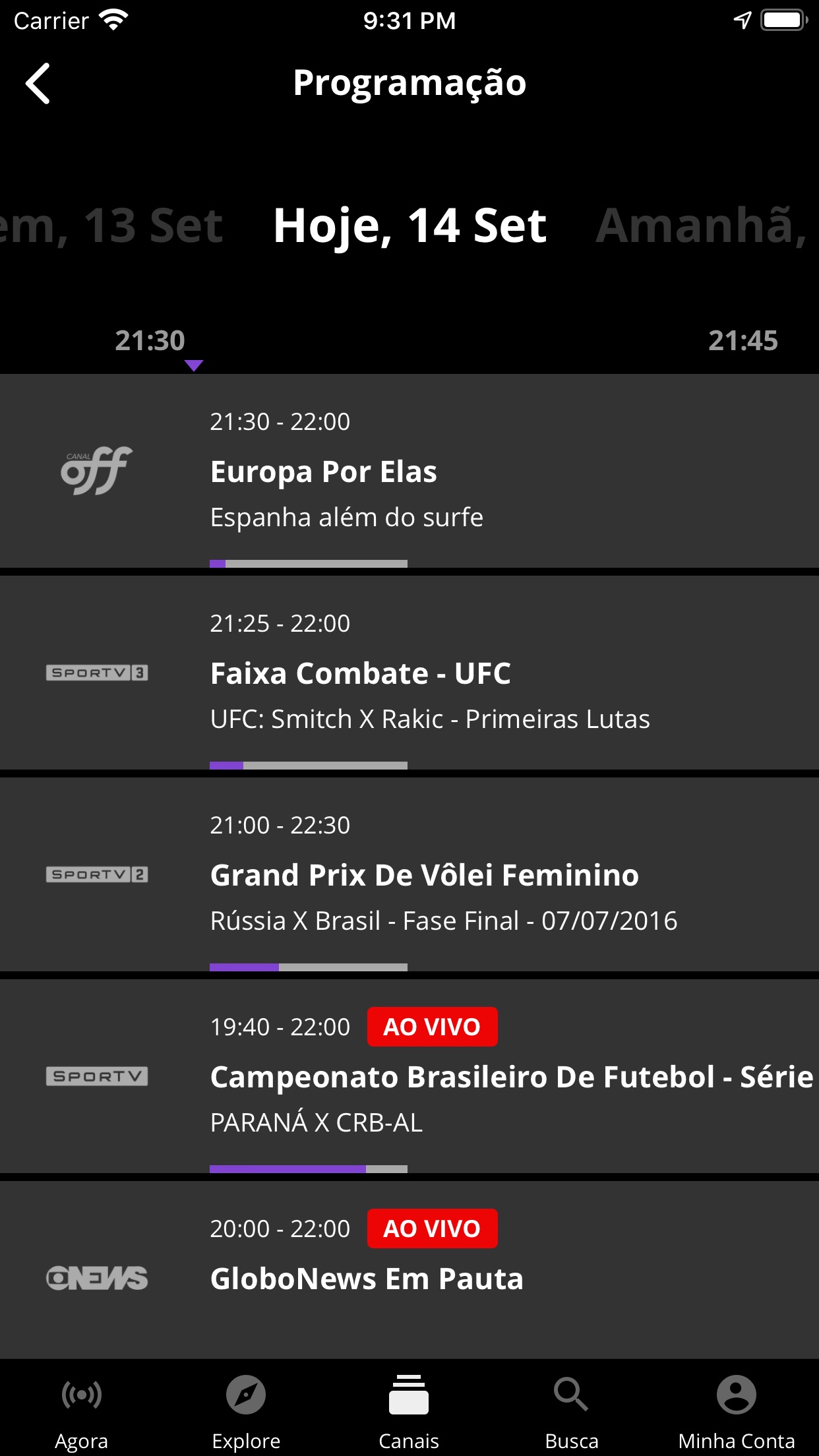 Screenshot do app Canais Globo