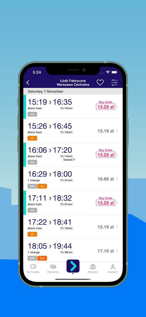 KOLEO - The app presents a comprehensive list of train connections with real-time departure and arrival times, alongside clear pricing and operator details.