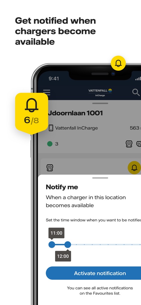 Vattenfall InCharge - Dieses Tool erlaubt das Einrichten von Benachrichtigungen, wenn eine Ladestation verfügbar wird, wobei der Nutzer einen präzisen Zeitraum mittels Schieberegler festlegen kann.