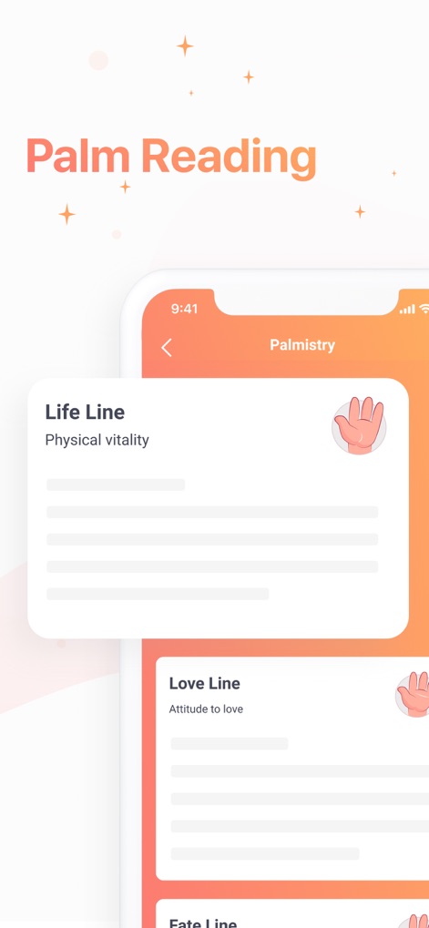 Daily Horoscope App 2024 - The app reveals the secrets of palm reading, presenting insights on 'Life Line', 'Love Line', and 'Fate Line', each accompanied by illustrative hand icons.