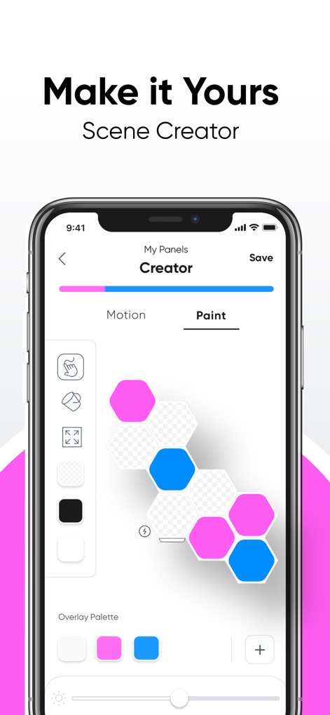 Nanoleaf - Die App ermöglicht die individuelle Gestaltung von Lichtlayouts, wie die Anordnung hexagonaler Panels, und die detaillierte Auswahl von Farben über eine Farbpaletten-Option.