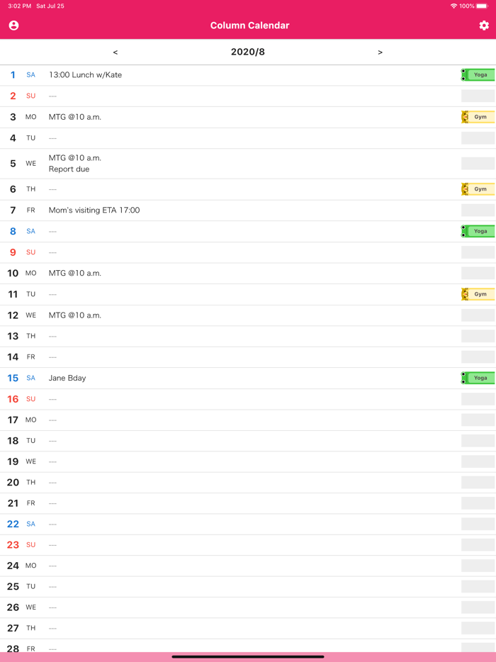 Column Calendar and Tag Memo