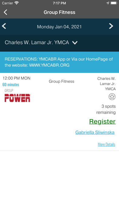 YMCA BR Booking Screenshot