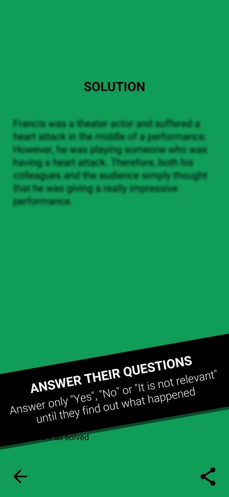 Dark Stories - La sezione sfocata "SOLUTION" indica la conoscenza del narratore, e il banner "ANSWER THEIR QUESTIONS" specifica le risposte consentite ("Yes", "No", "It is not relevant") per indirizzare la deduzione.
