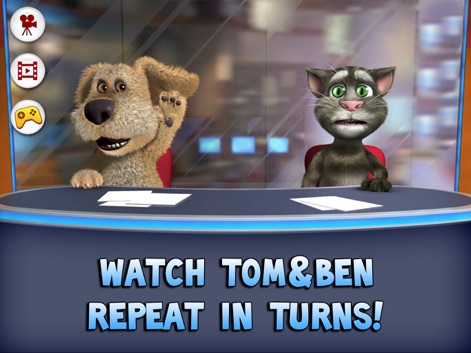 Talking Tom News for iPad - Os usuários podem observar Tom e Ben sentados à mesa de notícias, prontos para interagir, com a interface de botões de gravação e vídeo visível para iniciar a diversão.