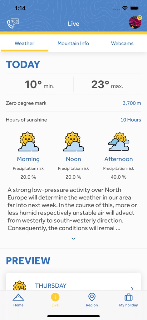 Serfaus-Fiss-Ladis - 「詳細な今日の天気予報」では、最低・最高気温が明確に表示され、「時間帯別の降水確率」により、ユーザーは一日の気象変動を正確に把握し、活動計画を綿密に立てられます。