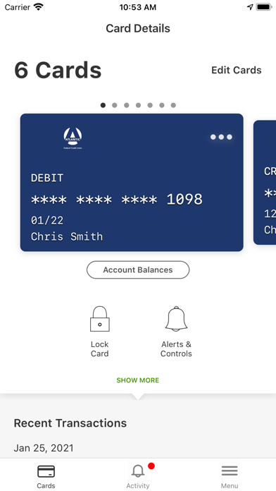 Atlantic Debit Card Controls Screenshot