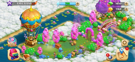 Funky Bay – Farm & Adventure - This whimsical scene captures the app's unique customization options, featuring a colorful hot air balloon and an enchanting candy bridge amidst a dreamlike landscape.