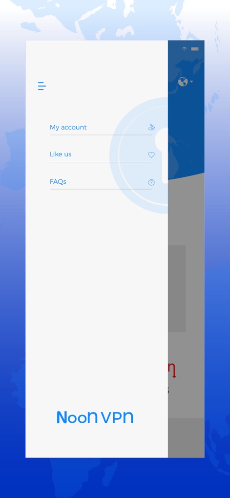Noon VPN - Dieses Tool bietet ein zugängliches Seitenmenü, das wichtige Optionen wie 'My account' und 'FAQs' enthält und unten das 'Noon VPN' Logo hervorhebt.