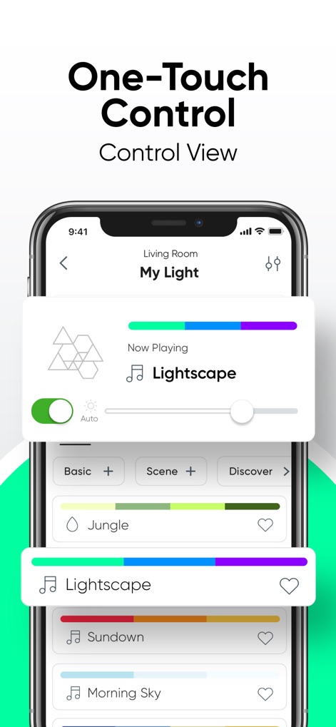 Nanoleaf - Diese Ansicht zeigt Nutzern die einfache Kontrolle über ihre Beleuchtung mit einem Helligkeitsregler und einer Auswahl verschiedener Farbszenen.