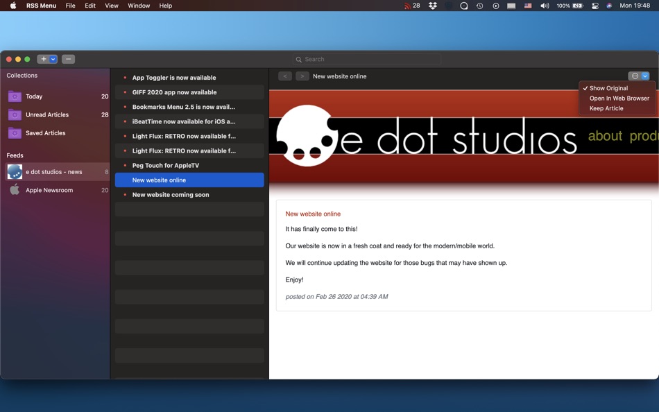 #2. RSS Menu (macOS) 由: e dot studios