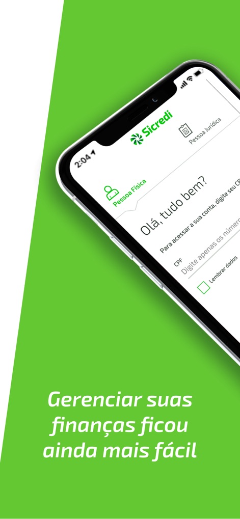 Sicredi para smartphone - Users can effortlessly navigate between 'Individual Account' and 'Business Account' logins, leveraging the secure CPF input and the 'Remember Data' option for streamlined access.