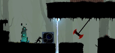 Ninja Arashi 2 - Le joueur découvre un artéfact brillant, signifiant le nouveau système de progression, tout en évitant un piège à la hache géante, illustrant l'intégration des compétences et des défis.