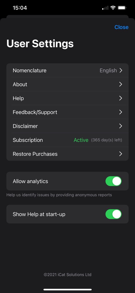 Xray Anatomy - Customize the app experience through user settings, enabling adjustments like 'Nomenclature' preference and control over 'Allow analytics' for a tailored study environment.