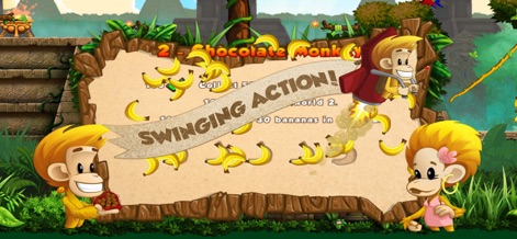 Benji Bananas: Run, Jump, Win - This screen highlights character customization options and the objective of collecting bananas, showcasing various monkey outfits and in-game progression goals.