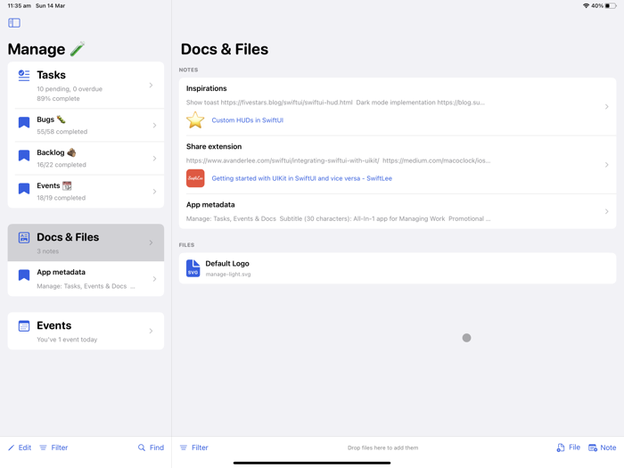 Manage Tasks Docs and Events