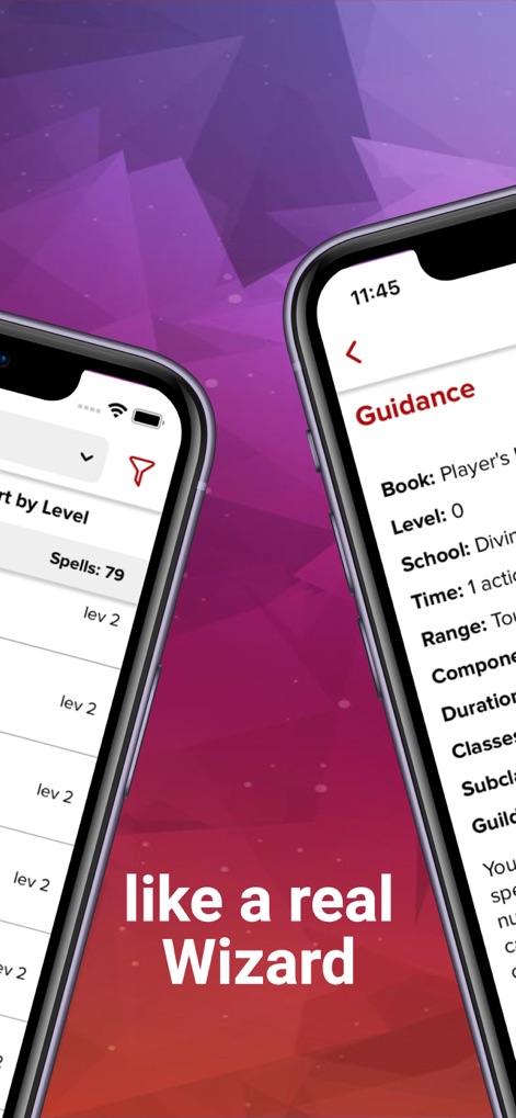 Spells List 5e - Esta vista dual muestra opciones avanzadas para 'Sort by Level' y un icono de filtro, complementado por la ficha detallada del hechizo 'Guidance' con su 'School' y 'Components'.
