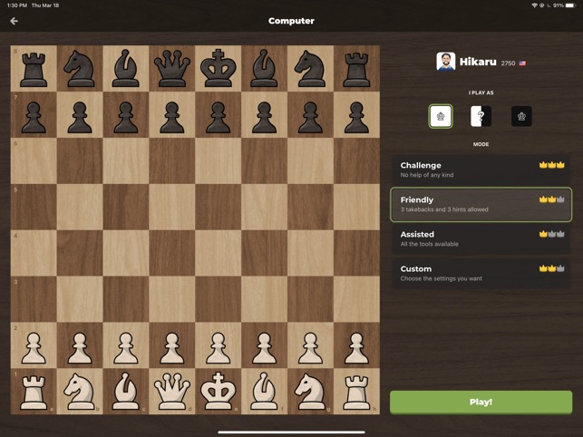 Is there an online chess game or app that allows for custom setup