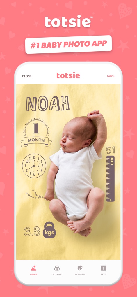 Totsie – Baby Photo Editor - Users can effortlessly add charming handcrafted stickers and personalized custom text to commemorate their baby's growth.