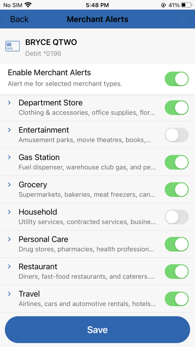 Lake City Bank Card Controls Screenshot
