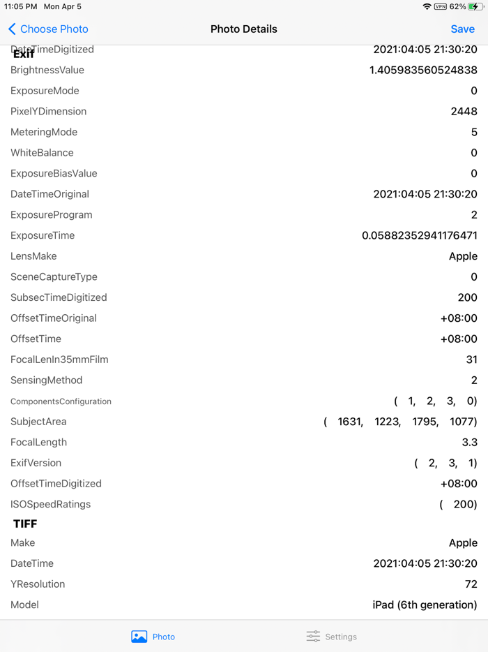 Photo Exif metadata View Exif