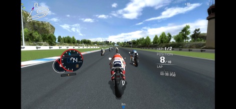 Real Moto - Users can witness the detailed 3D track environment and the intuitive on-screen HUD, showcasing current speed and lap progress.