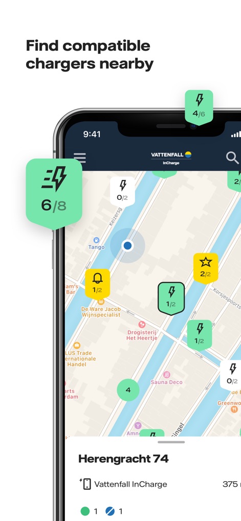 Vattenfall InCharge - Die App ermöglicht Nutzern, Ladestationen in der Nähe auf einer interaktiven Karte zu finden und deren Verfügbarkeit durch farbige Symbole und numerische Angaben sofort zu überprüfen.