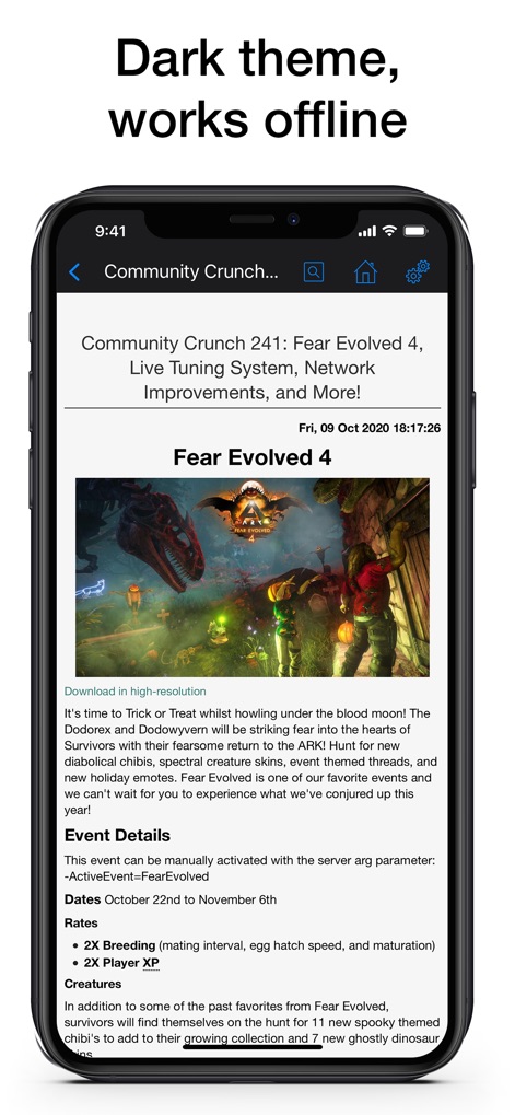 PW for ARK: Survival Evolved - 이 앱은 어두운 테마를 지원하여 눈의 피로를 줄여주며, 이벤트 세부 정보와 관련된 풍부한 텍스트 콘텐츠를 오프라인에서도 볼 수 있습니다.