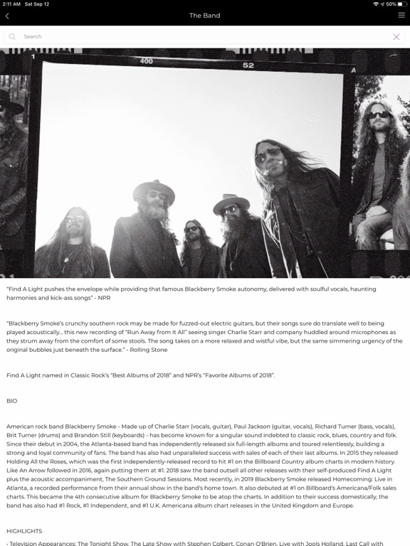Blackberry Smoke iPad screenshot 2 - Music app