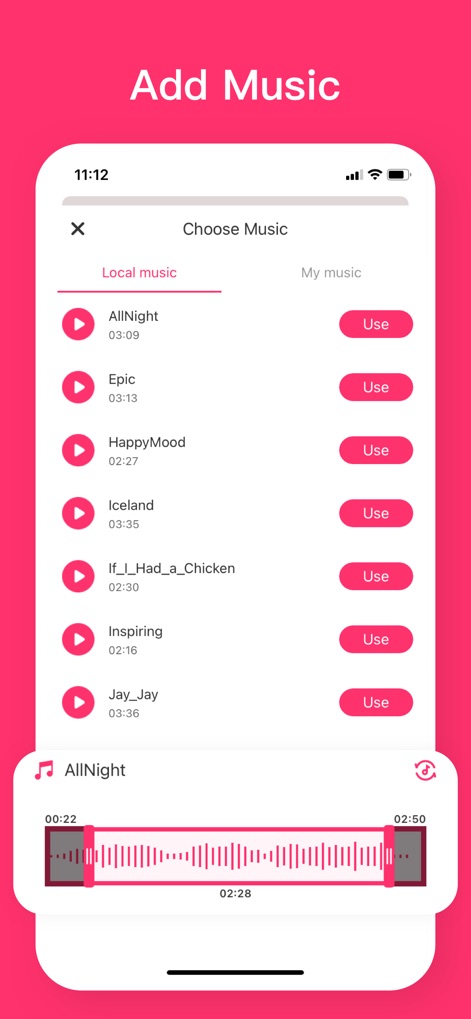 Video Collage App - Eine umfangreiche Bibliothek von Musikstücken steht zur Auswahl, die über einen visuellen Wellenform-Editor nahtlos in die Videocollage integriert werden können.