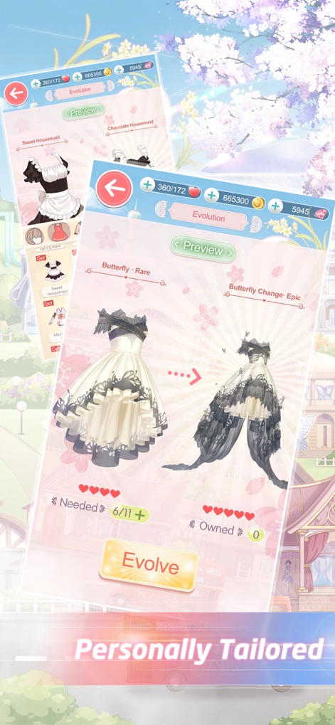 Love Nikki-Dress UP Queen - Players can enhance their wardrobe through evolution, illustrating the transformation of a 'Butterfly - Rare' dress into its 'Epic' counterpart and the detailed upgrade interface.