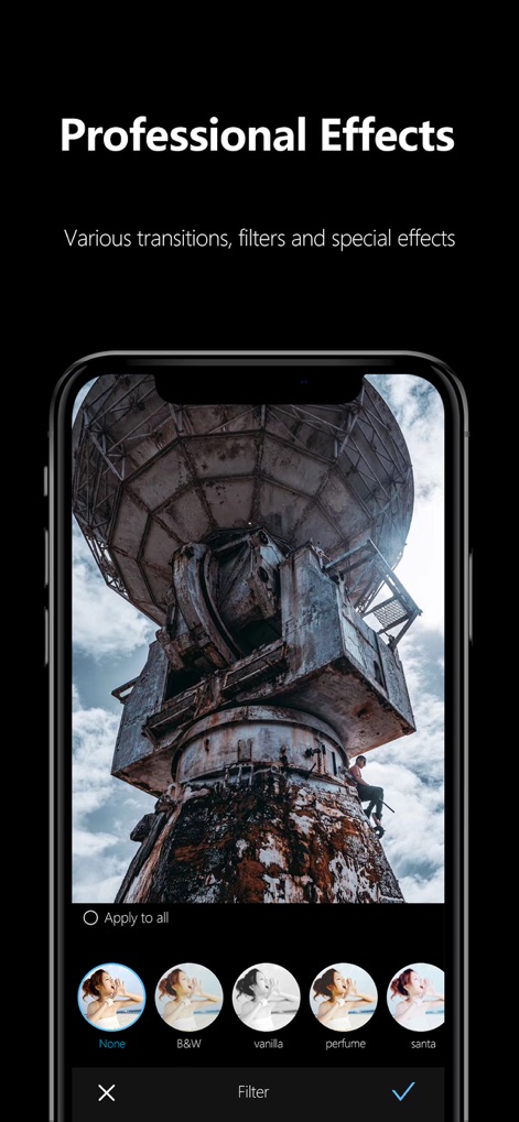 AKASO GO - The app showcases a diverse filter selection carousel and offers a prominent "Apply to all" option for consistent visual styling.
