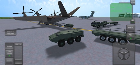 Turboprop Flight Simulator - Una aeronave de carga C-130 con su rampa abierta ilustra las operaciones de carga, con múltiples vehículos terrestres militares esperando ser transportados.