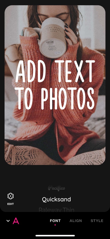 Font Candy Photo & Text Editor - Observe the app's diverse font selection and the user-friendly font preview feature, allowing users to easily pick the perfect style for their photos.